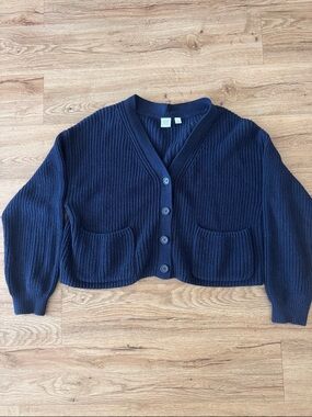 GAP Navy Cropped Ribbed V-Neck Cardigan